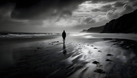 A lone figure walks a dramatic beach under a stormy sky. Black and white photographyの写真素材