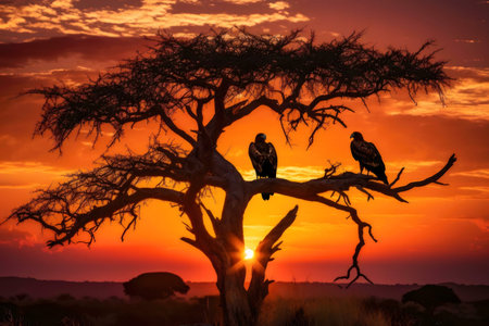 Two majestic eagles perched on an acacia tree at sunset in Africa. Vivid colors paint the sky.の写真素材