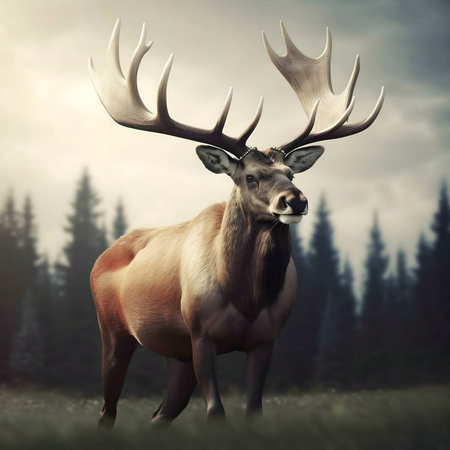 A majestic elk stands in a misty forest. It's a stunning image of nature's beauty.の写真素材