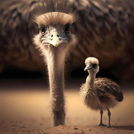 Close-up portrait of a large Rhea and her fluffy chick. A heartwarming scene from the wild.の写真素材