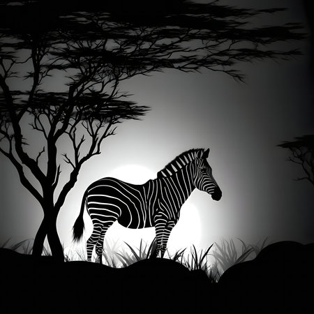 A stunning monochrome image of a zebra silhouetted against a sunset in the African savanna.の写真素材