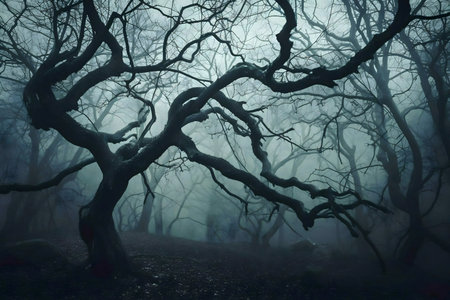 A haunting image of a foggy forest, featuring gnarled trees and a mystical atmosphere.の写真素材