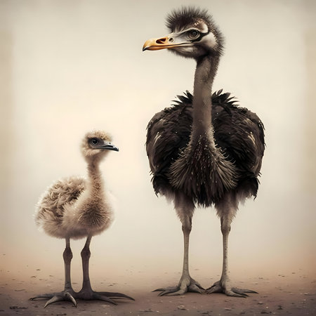A stunning portrait of an adult ostrich and her fluffy chick. A beautiful image showing nature's beautyの写真素材
