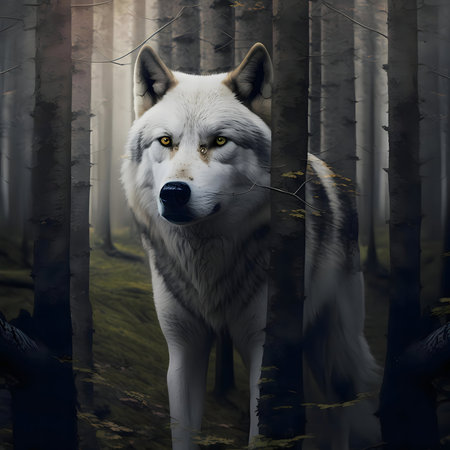 A stunning white wolf stands majestically in a dark forest.