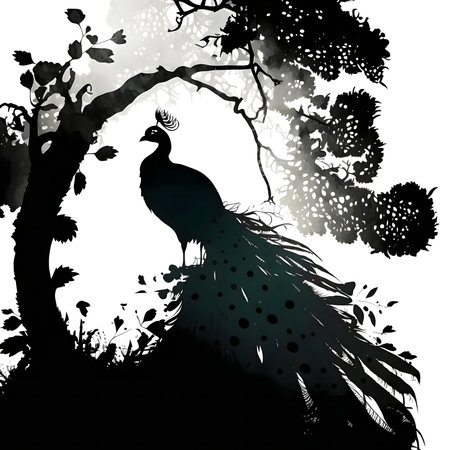 A stunning peacock silhouette against a watercolor tree background.の写真素材