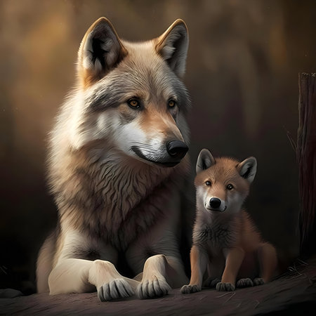 A digital painting of a majestic wolf and its young cub. The image depicts a serene moment in the...