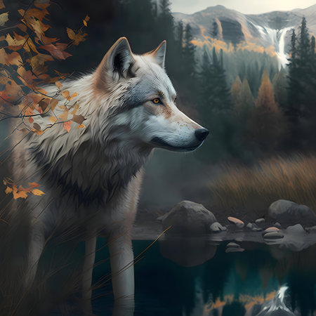 A lone wolf stands by a serene lake, autumn leaves and a waterfall in the background.