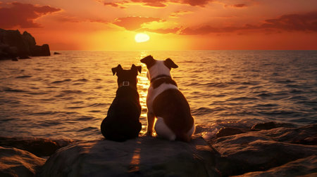 Two dogs sitting on rocks, watching a beautiful sunset over the ocean.の写真素材
