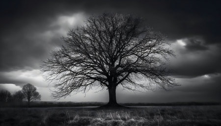 A solitary, leafless tree stands in a field under a dramatic, stormy sky. The monochrome image evokes a feeling of solitude and melancholy.の写真素材