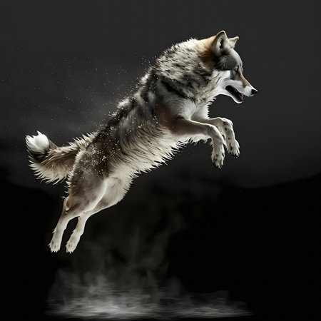 A powerful wolf mid-leap, against a dark background. Dynamic action shot.