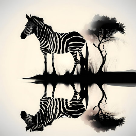 A Zebra's silhouette reflected in still water. African savanna sunset backdrop.の写真素材