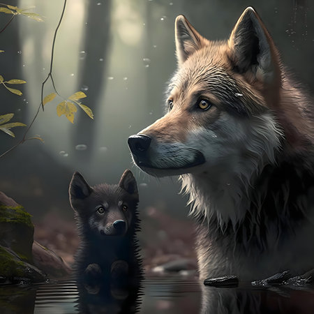 A majestic wolf and its little pup by a tranquil forest water. A touching moment of nature's beauty.