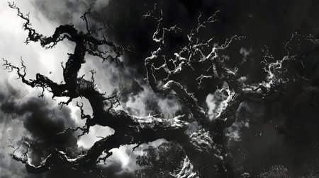 A large, gnarled tree dominates a stormy grayscale scene. Dramatic clouds fill the background