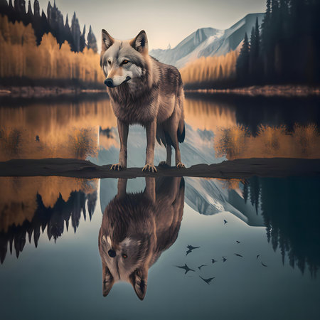 A lone wolf stands by a serene lake, its reflection mirroring the majestic mountain scenery.の写真素材