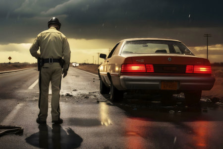 A highway patrol officer investigates a car accident on a rain-soaked road during a dramatic storm.の写真素材