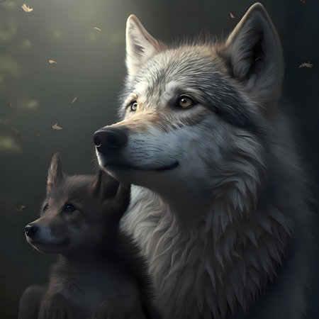 A digital painting of a wolf and her pup, showcasing a tender moment in a serene forest setting.の写真素材