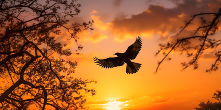 A bird in flight at sunset, majestic silhouette against golden sky