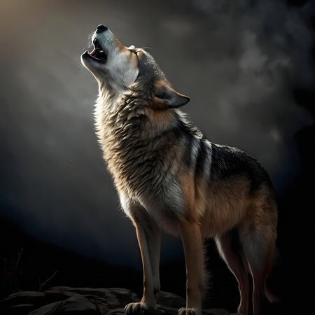 A lone wolf howls at the moon under a stormy night sky.の写真素材