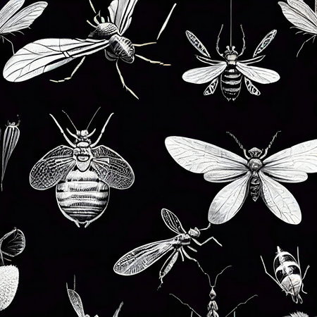 Detailed drawings of various insects in monochrome on a black background.