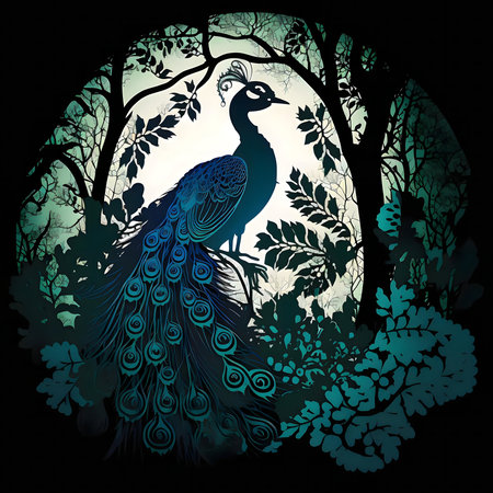 A majestic peacock, silhouetted against a moonlit forest. Teal and dark tones create an enchanting atmosphere.の写真素材