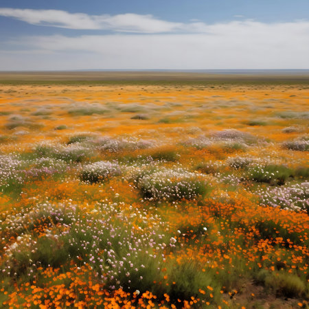 A breathtaking vista of a vibrant wildflower meadow bathed in sunlight.の写真素材
