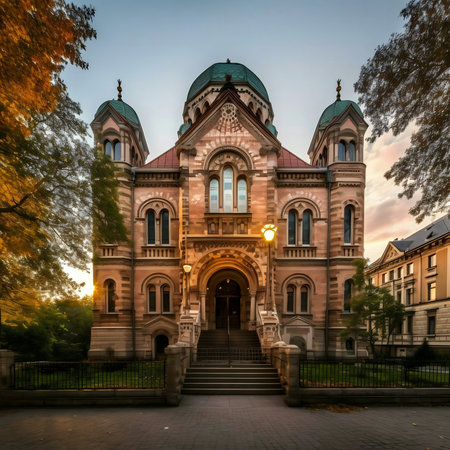 A beautiful historic building at sunset. The warm light illuminates the brick facade.の写真素材