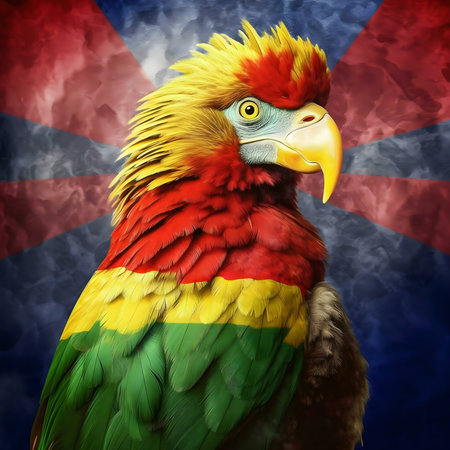 A vibrant parrot with colors matching the Tibetan flag, set against a smoky backdrop.の写真素材