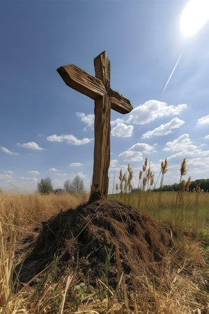 Rustic wooden cross in a field under a bright sunny sky.の写真素材