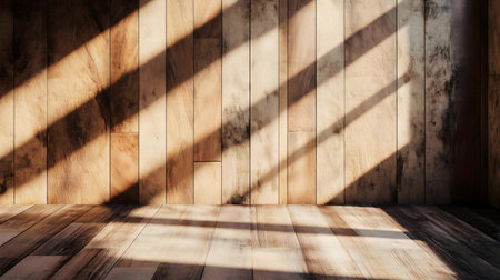 A serene image of a rustic wooden room bathed in sunlight. Warm, natural light creates beautiful shadows on the wooden walls and floor.の写真素材