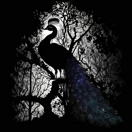 A majestic peacock sits perched on a tree, creating a striking silhouette against a moonlit night. The artwork is filled with mystery.の写真素材