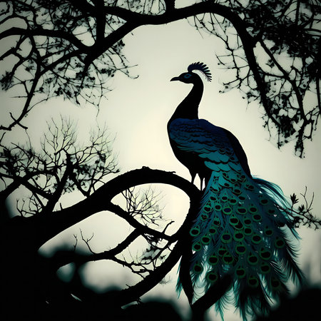 A serene peacock silhouette perched on a silhouetted tree branch.の写真素材