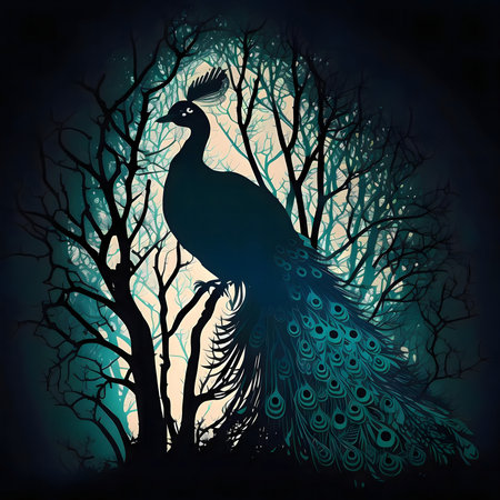 A peacock silhouette in a dark forest. Mysterious and beautiful.の写真素材