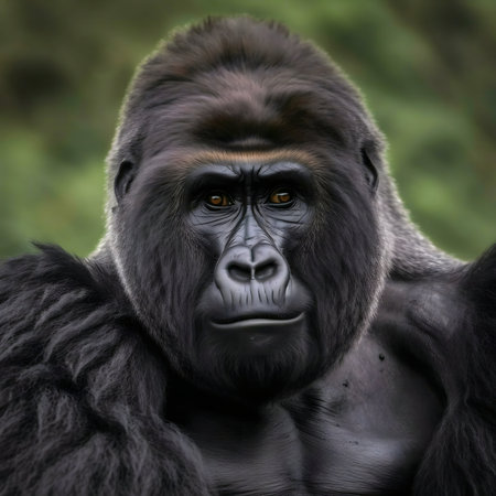Close-up portrait of a majestic gorilla. Its powerful presence and intense gaze capturing the essence of wildlife.の写真素材
