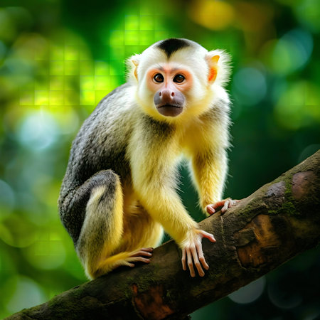 A captivating close-up of a golden-bellied squirrel monkey perched on a branch in its lush habitat.の写真素材