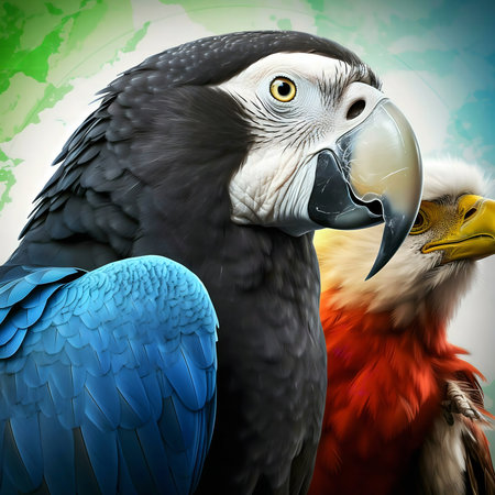 Stunning close-up of a macaw and eagle. Vivid colors, detailed feathers.