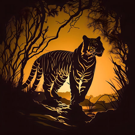 A stunning silhouette of a tiger at sunset, framed by trees. The warm tones create a dramatic effect.の写真素材