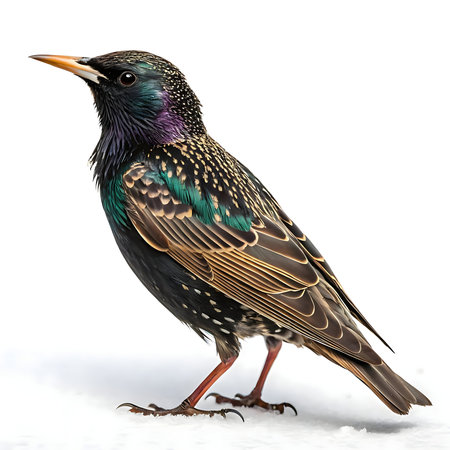 Close-up of a vibrant European Starling perched on snow.の写真素材