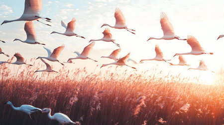 A flock of cranes in flight over a golden meadow at sunrise.の写真素材