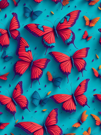 Red and blue butterflies on a cyan background. Beautiful art.の写真素材