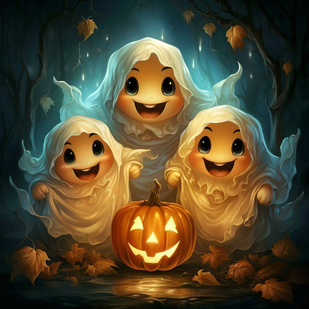Three cheerful baby ghosts near a glowing pumpkin on Halloween night.の写真素材