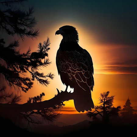An eagle silhouette perched on a branch at sunset. Peaceful and majestic nature scene.の写真素材