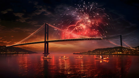 A stunning bridge at night with fireworks. Boats sail below.の写真素材