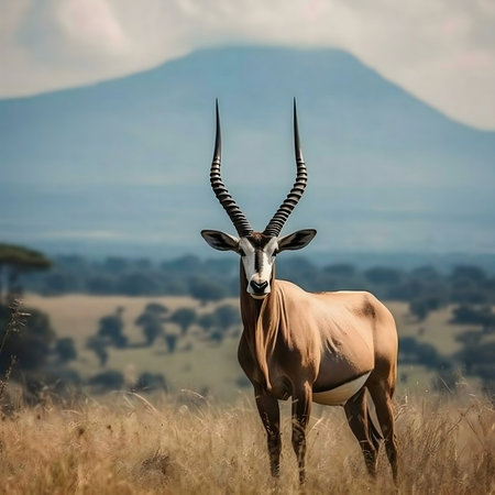 A stunning sable antelope stands majestically in the African savanna, mountains in background.の写真素材