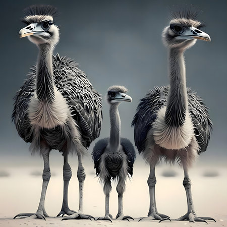 A digital painting of a Rhea family. Two adult Rheas and one chick stand together.の写真素材