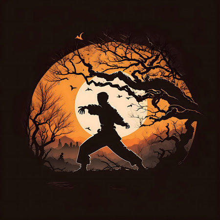 A striking silhouette of a martial artist practicing under a large orange moon, framed by a gnarled tree.の写真素材