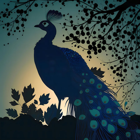 A stunning peacock silhouette against a soft sunset backdrop. Nature's elegance captured.の写真素材