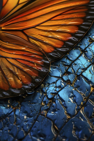 Close-up shot of a butterfly wing, showing intricate details and vibrant colors against a textured...