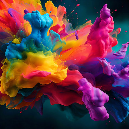 An explosion of rainbow-colored ink creates a dynamic and vibrant abstract art piece.