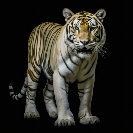 A captivating portrait of a majestic white tiger against a black background. The image showcases the...