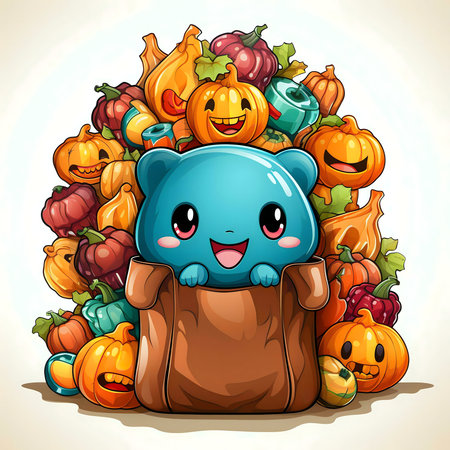 A cute blue creature peeking from a bag filled with pumpkins and other autumn harvest goodiesの写真素材